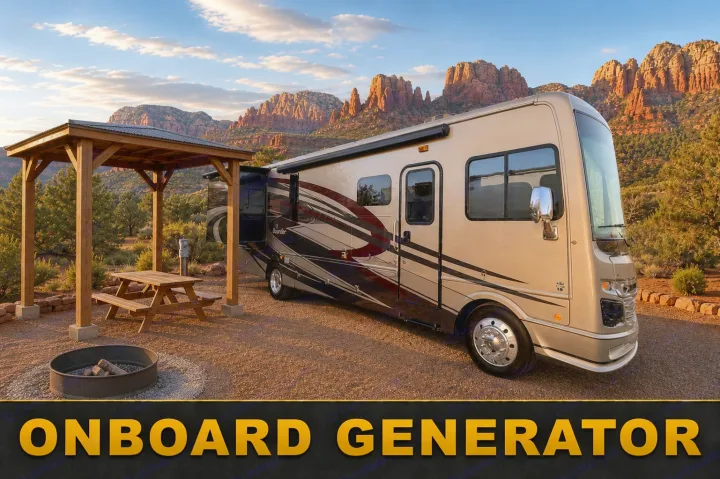 Scenic RV rental with onboard generator, parked at a campsite. Features a picnic table, fire pit, and stunning red rock mountains.. Fleetwood Bounder 2018