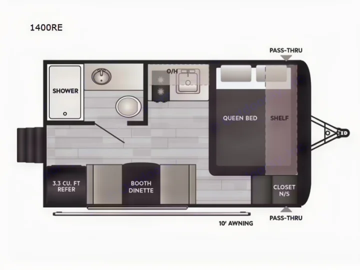 Detailed 1400RE travel trailer rv rental floor plan, featuring a queen bed, dinette, kitchen, and full bath layout.. Keystone RV Springdale Mini 2025