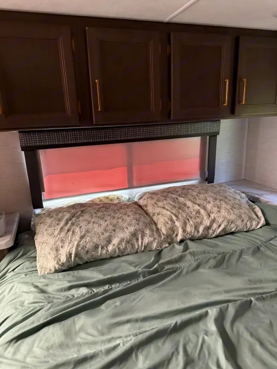 Cozy RV rental bedroom showing a bed with olive green sheets, botanical pillows, dark cabinets, and a pink window shade.. Thor Chateau 2025