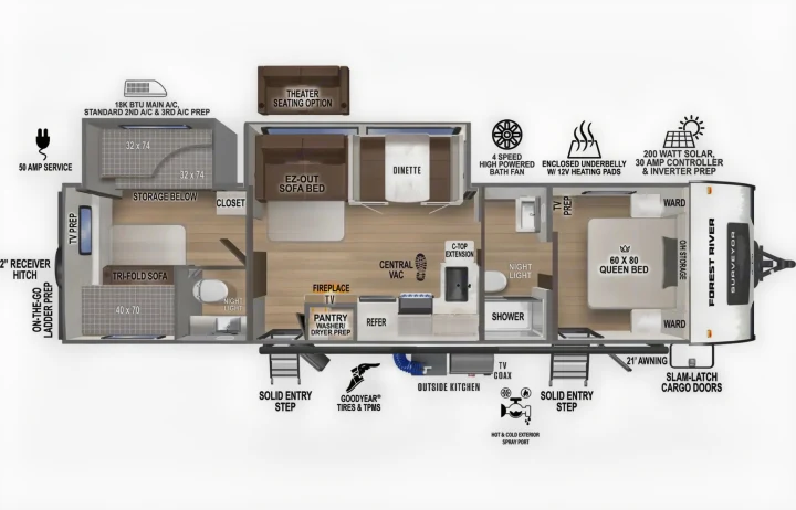 RV rental floor plan displaying the interior layout: queen bed, kitchen, bath, living area, and outdoor amenities.. Forest River Surveyor Legend 2026