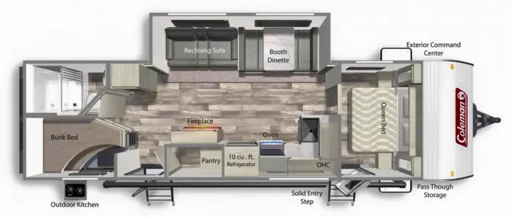 Detailed RV rental floor plan showing queen bed, bunk bed, sofa, dinette, kitchen, and outdoor kitchen for camping.. Coleman Lantern 2022