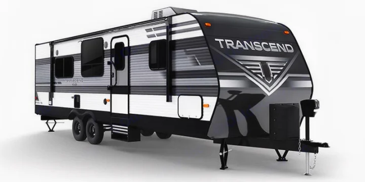 Sleek black, white, and grey Transcend travel trailer RV, ready for your next rv rental adventure.. Grand Design Transcend Xplor 2025