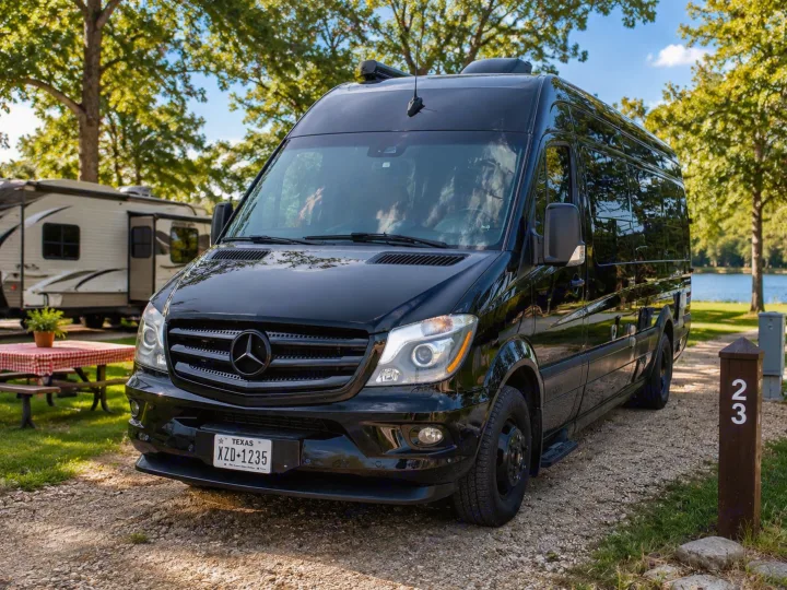 Black Mercedes Sprinter RV rental at campsite 23. Another RV, picnic table, and lake are visible in the scenic background.. Airstream Interstate 2017