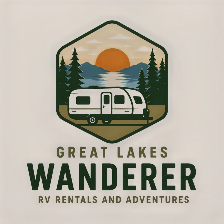 Great Lakes Wanderer RV rental logo shows a travel trailer by a lake with mountains, pine trees, and a sunset inside a hexagon.. Crossroads RV Sunset Trail Super Lite 2024