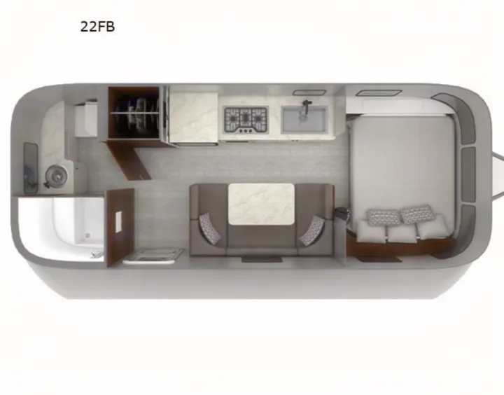 Detailed 22FB travel trailer RV rental floor plan shows bedroom, kitchen, dining, and bath. Explore this compact interior layout.. Airstream Sport 2019