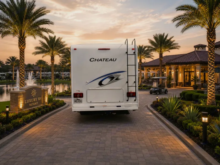 Enjoy your RV rental at this luxury resort entrance, featuring palm trees, a pond, and a grand clubhouse at sunset.. Thor Chateau 2021