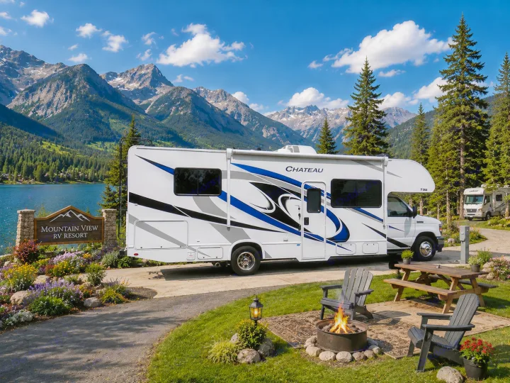 Enjoy a scenic RV rental at Mountain View RV Resort, featuring a lakeside campsite with majestic mountains, fire pit, and picnic area.. Thor Chateau 2021