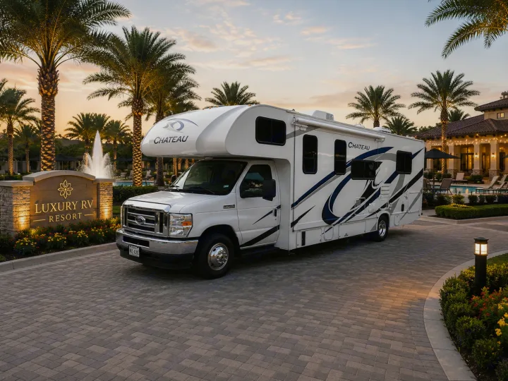 White RV rental at a "Luxury RV Resort" entrance, with palm trees, a fountain, and a building lit by a sunset glow.. Thor Chateau 2021