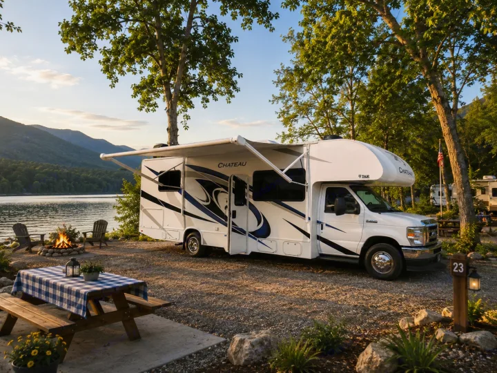 Chateau RV rental at a beautiful lakeside campsite, featuring a campfire, picnic area, and mountain backdrop.. Thor Chateau 2021