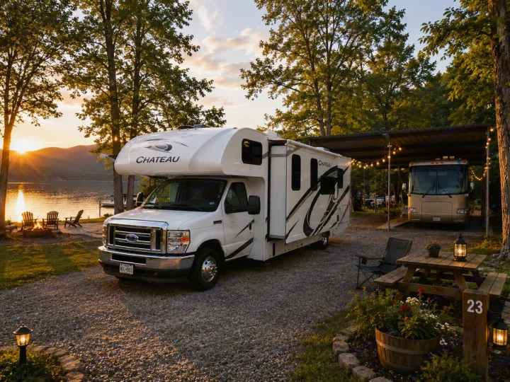 Enjoy your RV rental! A white RV at a beautiful lakeside campsite at sunset, with a picnic area and another RV nearby.. Thor Chateau 2021