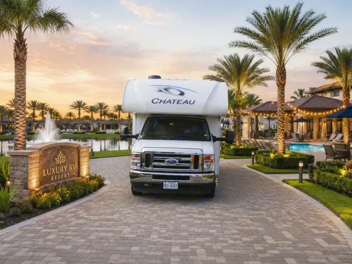 Experience luxury RV resort stays! A white Chateau RV rental is parked at a lavish resort entrance with palm trees and a pool at sunset.. Thor Chateau 2021