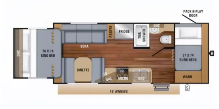 Explore this spacious rv rental floor plan featuring a King bed, bunk beds, full kitchen, and bathroom. Ideal for family trips.. Jayco Jay Feather Ultra Lite 2015