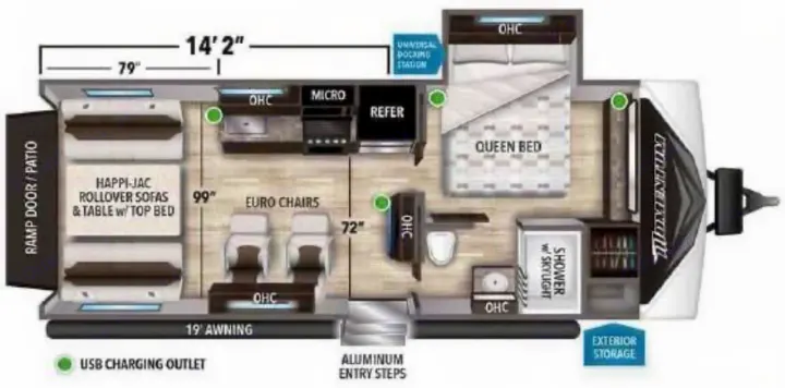 This RV rental floor plan, 14'2" wide, features a queen bed, Happi-Jac sofas, kitchen, bathroom, and ramp door patio.. Grand Design Momentum 2021