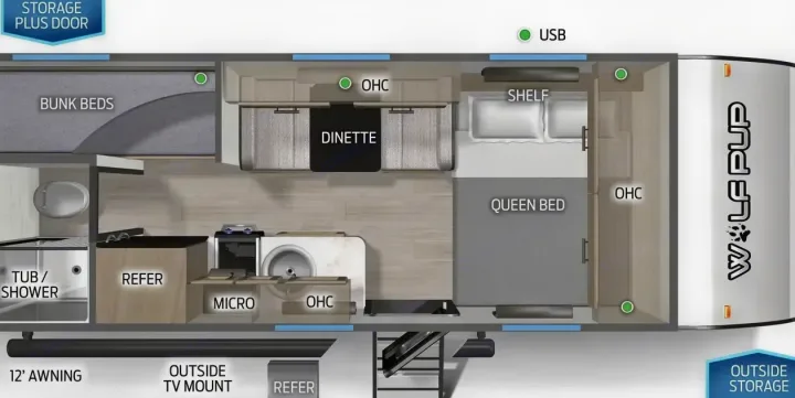 Explore this Wolf Pup RV rental floor plan. It features bunk beds, a queen bed, kitchen, dinette, and bath, ideal for family adventures.. Forest River Cherokee Wolf Pup 2024