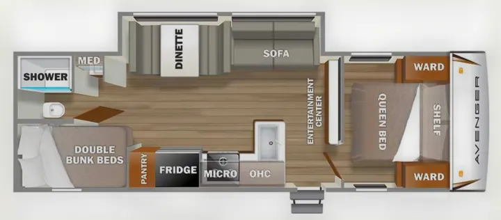 Detailed RV rental floor plan: Avenger model showcasing a queen bed, double bunk beds, kitchen, bathroom, dinette, and sofa.. Avenger LE 2022