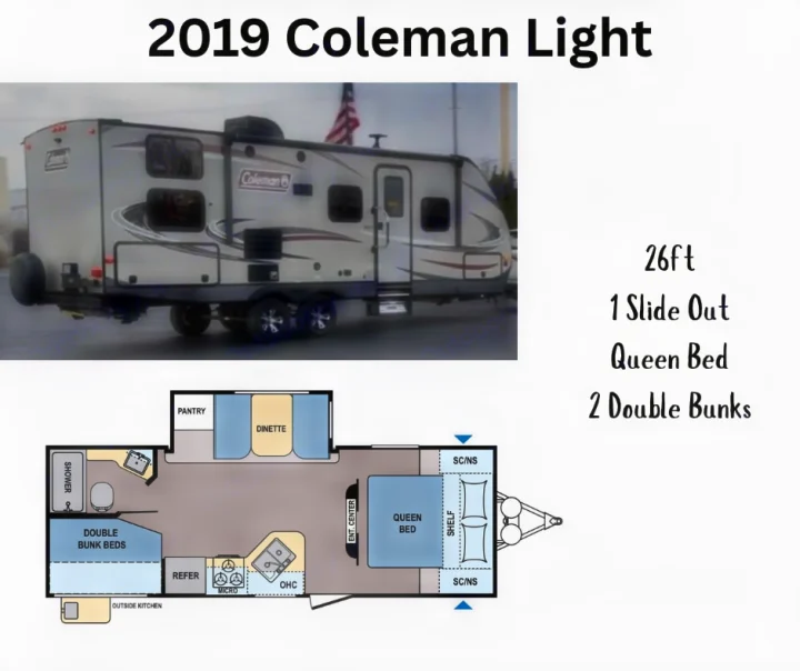 This 2019 Coleman Light travel trailer RV rental, 26ft, includes a floor plan showing a queen bed, double bunks, & 1 slide out.. Dutchmen Coleman Light 2019