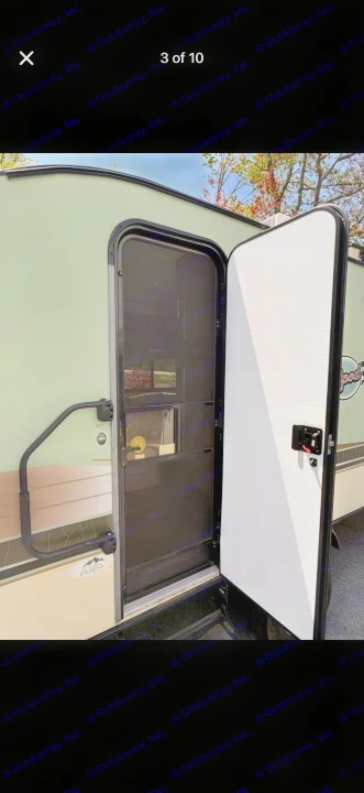 RV rental: Open door and screen door of a light green camper. Grab handle and step visible for easy access.. Forest River R-Pod 2016