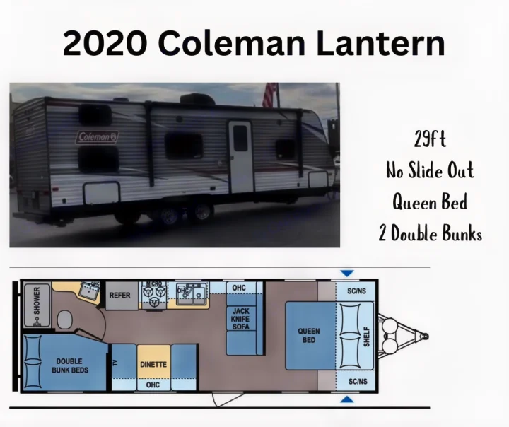 This 2020 Coleman Lantern rv rental is a 29ft travel trailer featuring a queen bed, 2 double bunks, and its floor plan.. Dutchmen Coleman Lantern LT 2020