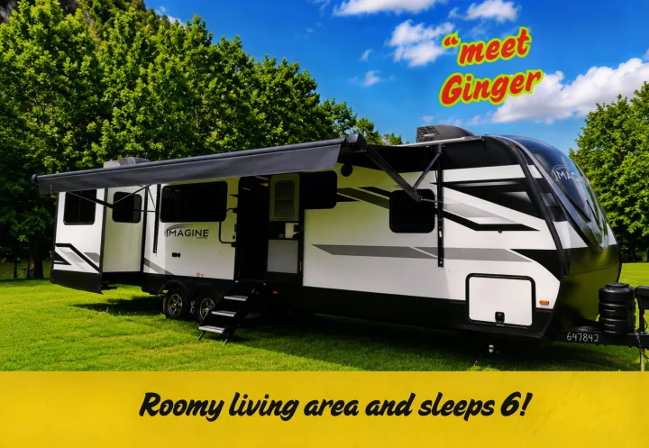 Meet Ginger, a spacious Imagine travel trailer RV rental, parked on grass. Sleeps 6, perfect for nature adventures.. Grand Design Imagine 2024