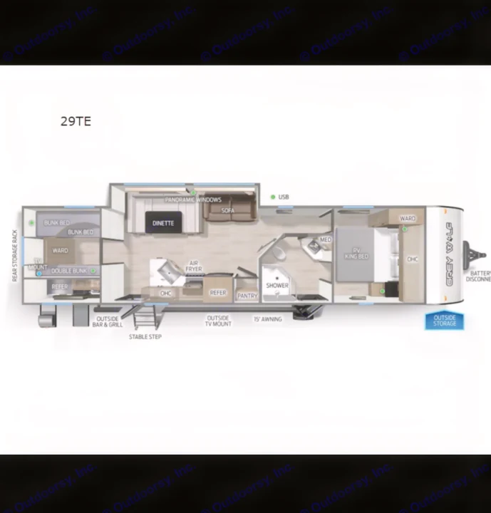 This 29TE RV rental floor plan shows a king bed, double bunks, kitchen, dinette, and shower, ideal for family travel.. Forest River Cherokee Grey Wolf 2026