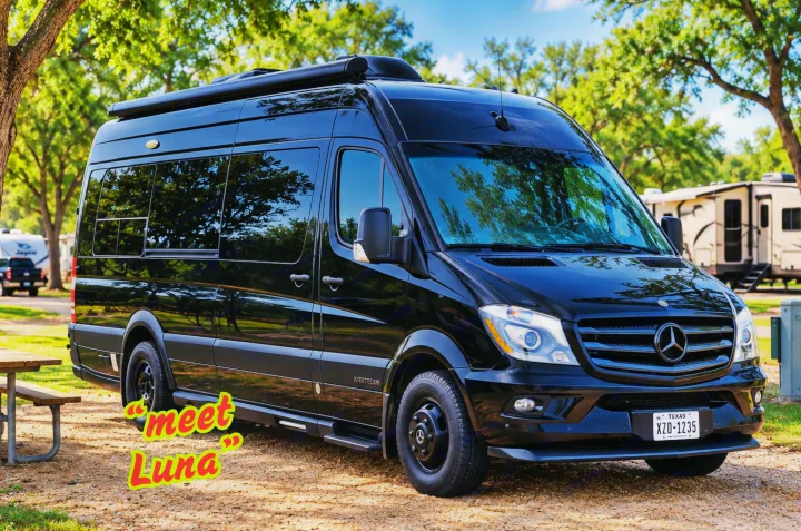 Meet Luna, a sleek black Mercedes Sprinter RV rental, parked at a shady campsite. Perfect for your next adventure!. Airstream Interstate 2017
