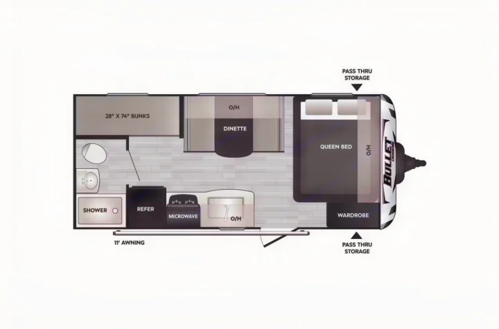 This RV rental floor plan showcases a queen bed, bunks, dinette, kitchen, and bathroom, ideal for family travel.. Keystone RV Bullet Crossfire 2024