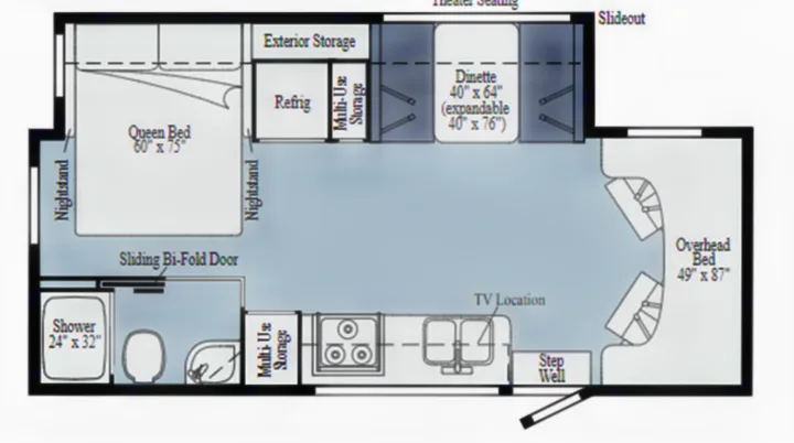 RV rental floor plan: Spacious interior featuring a queen bed (60"x75"), expandable dinette, kitchen, bath, and overhead bed (49"x87").. Winnebago Vita 2020