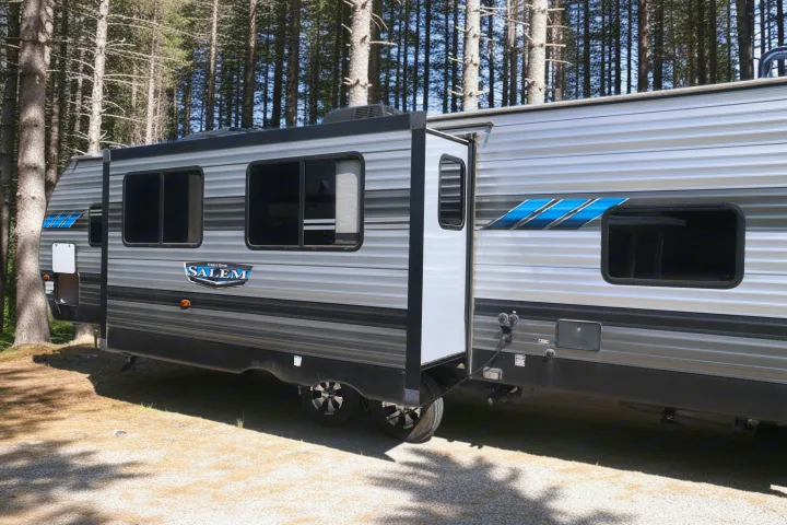 This Salem travel trailer RV rental, with an open slide-out, is parked at a shaded forest campsite.. Forest River Salem Cruise Lite 2022