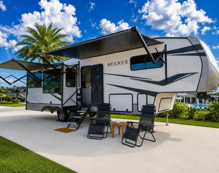 Luxury fifth-wheel RV rental at a resort, with extended awnings & outdoor seating for relaxation.. Alliance RV Avenue 2023