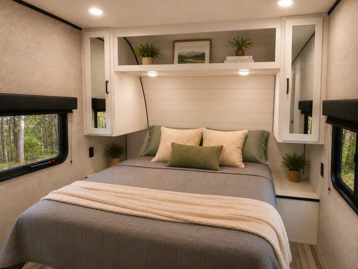 Inside a comfortable RV rental: a modern bedroom with a large bed, overhead storage, and scenic forest views.. Jayco Jay Flight SLX 2025