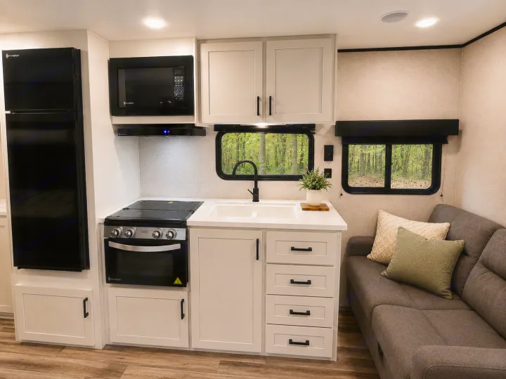 Step inside this functional rv rental kitchen & living space with black appliances, white cabinets, and a comfy sofa.. Jayco Jay Flight SLX 2025