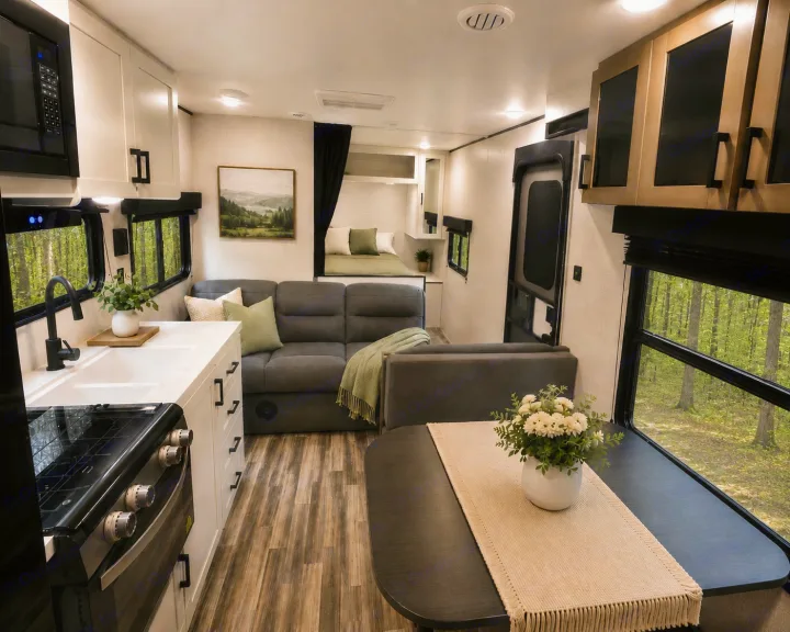 Modern RV rental interior featuring a full kitchen, living area with sofa, dining table, and cozy sleeping nook, all overlooking a forest.. Jayco Jay Flight SLX 2025