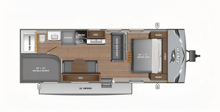 Explore this Jayco RV rental floor plan: queen bed, double bunks, full bathroom, kitchen, jack-knife sofa, and a 16' awning.. Jayco Jay Flight SLX 2025