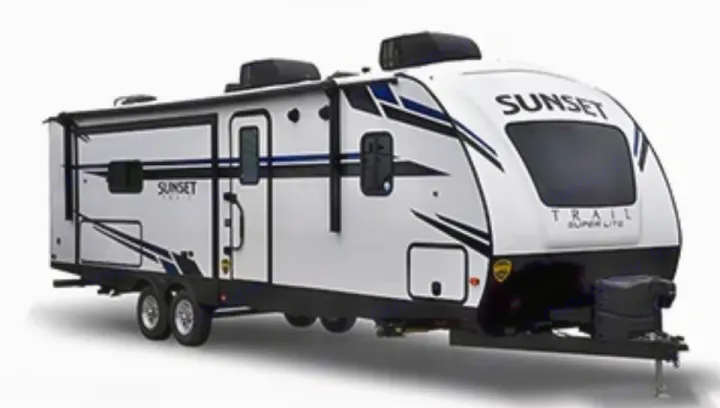 This modern white Sunset Trail Super Lite travel trailer with black and blue accents is ideal for an RV rental vacation.. Crossroads RV Sunset Trail Super Lite 2022