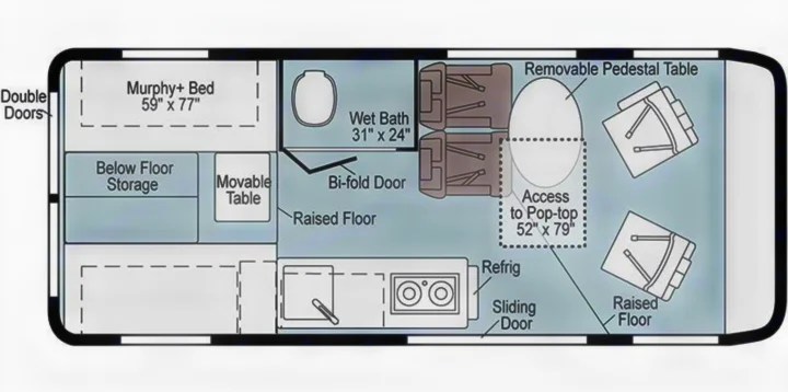 RV rental floor plan: Compact camper layout showing Murphy bed, wet bath, kitchen, dining area with movable table, and pop-top access.. Winnebago Solis 2023