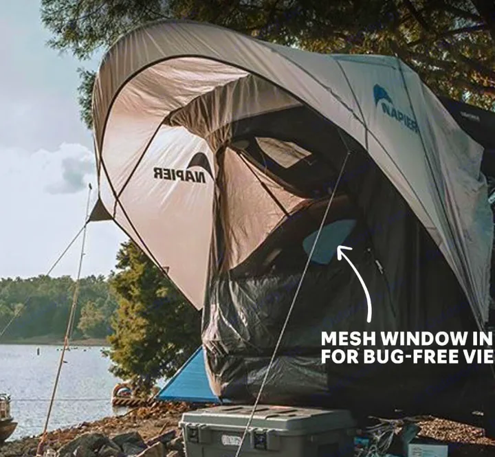 Enjoy an RV rental adventure! This vehicle-attached tent offers bug-free views of the lake with fishing rods set up.. Toyota 4Runner 2020