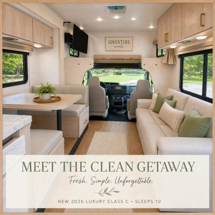 This luxury rv rental boasts a clean, modern interior with a dining area & sofa, perfect for your next adventure, sleeping 10.. East to West Entrada 2026