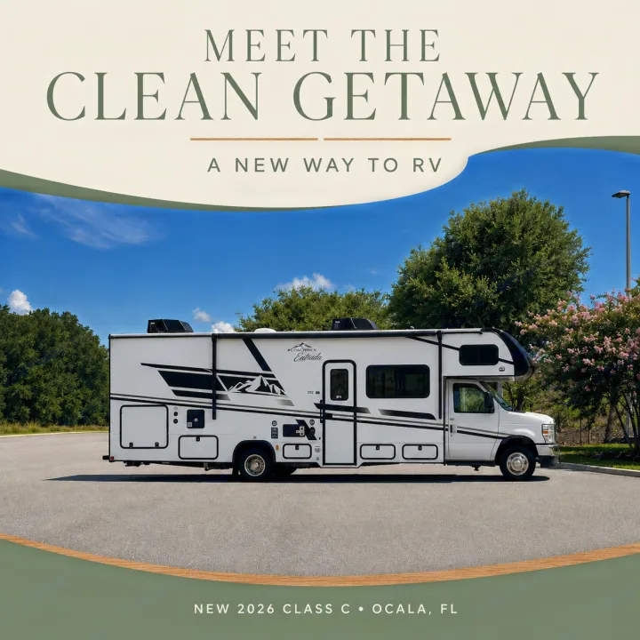 Discover the 2026 Coachmen Entrada Class C **rv rental**. Your clean getaway in Ocala, FL starts here with this new RV.. East to West Entrada 2026