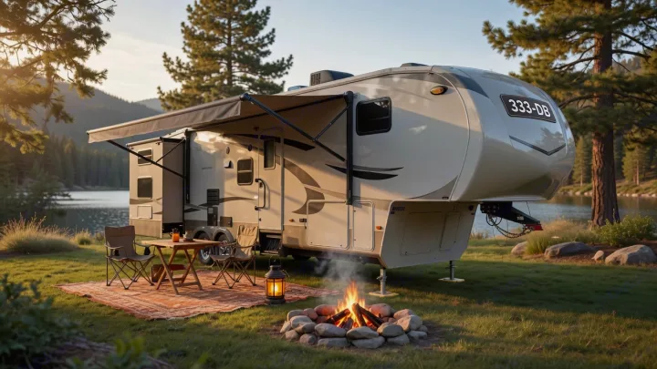Experience nature with this luxurious RV rental parked by a serene lake, featuring a cozy campfire and outdoor living space.. Keystone RV Montana High Country 2010
