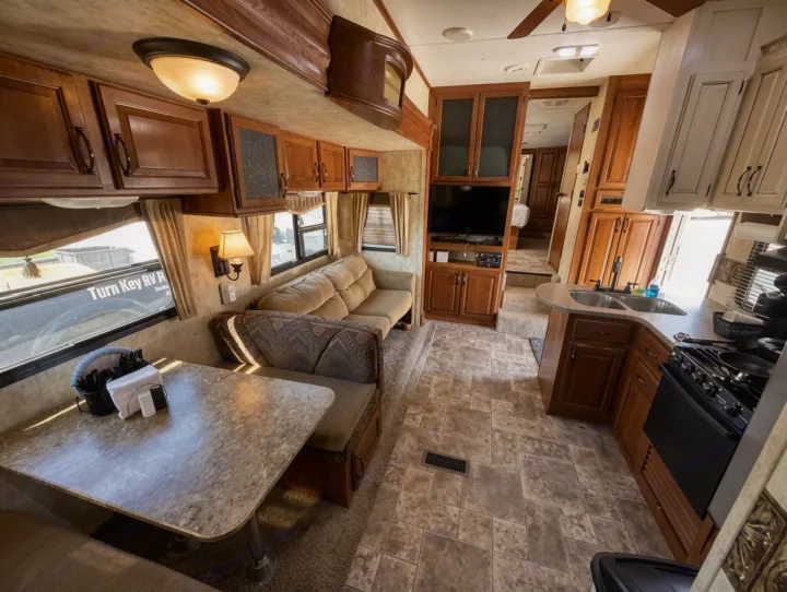 Spacious RV rental interior featuring a cozy dinette, sofa, full kitchen, and entertainment center, ready for your adventure.. Keystone RV Montana High Country 2010