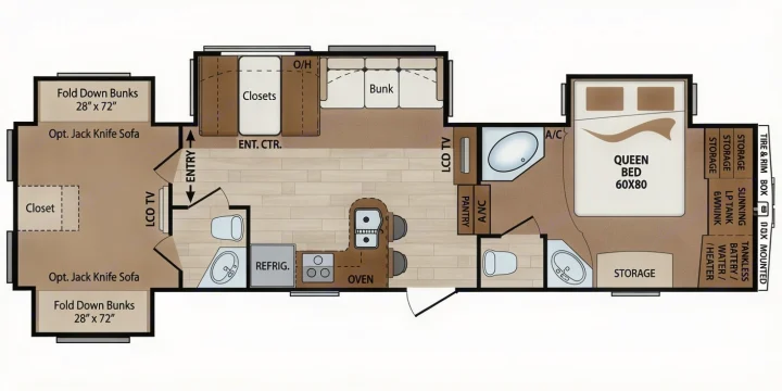 RV rental floor plan showcasing a spacious interior with queen bed, bunk beds, kitchen, and dual bathrooms.. Keystone RV Montana High Country 2010