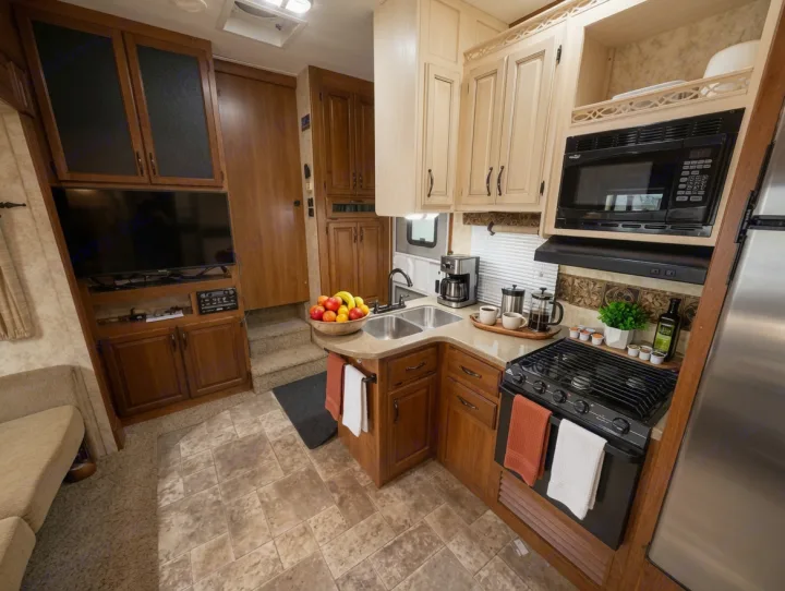 Step inside this cozy RV rental, featuring a compact kitchen with appliances, a living space with TV, and wood finishes throughout.. Keystone RV Montana High Country 2010