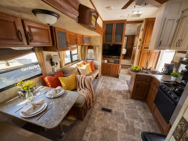 Step into this comfortable rv rental interior, showcasing a fully-equipped kitchen, dining area, and cozy living space.. Keystone RV Montana High Country 2010