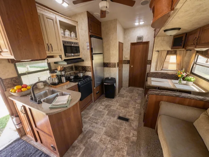 This cozy RV rental features a well-equipped kitchen, dining booth, and comfortable living area, ready for your adventures.. Keystone RV Montana High Country 2010