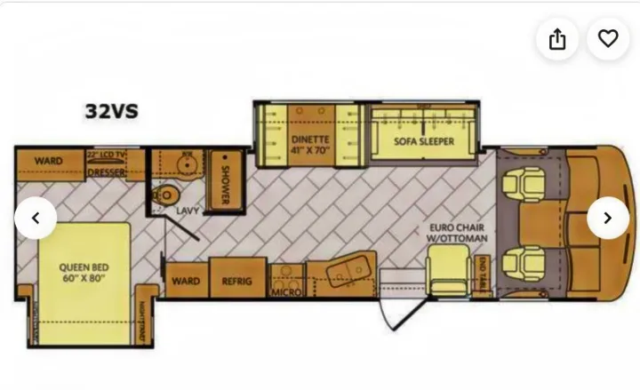 Detailed 32VS motorhome floor plan for rv rental. Includes queen bed, dinette, sofa sleeper, kitchen & bath.. Fleetwood Southwind 2015