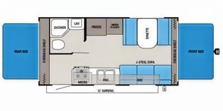 RV rental floor plan with front and rear beds, bath, kitchen, dinette, and sofa. Visualize your travel space!. Other Other 2015