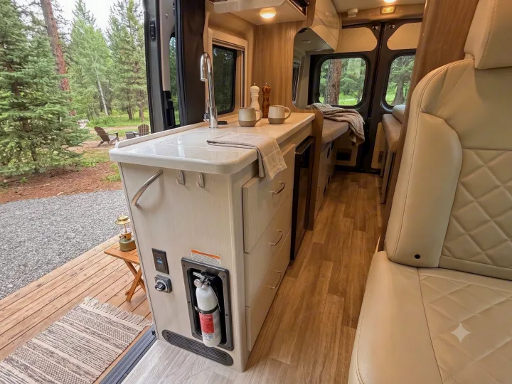 RV rental campervan interior: kitchen, cozy seating, and a serene forest view from the open door. Ready for adventure.. Thor Tellaro 2024