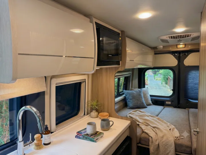 Experience comfort in this modern rv rental. Features a well-appointed kitchen, microwave, and cozy lounge area with outdoor views.. Thor Tellaro 2024