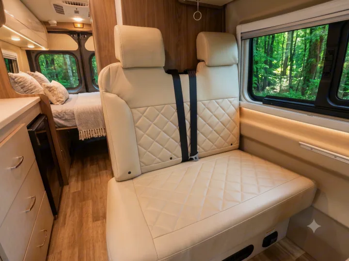 Inviting RV rental interior: cream quilted seating, rear bed, and large windows revealing a vibrant forest outside.. Thor Tellaro 2024