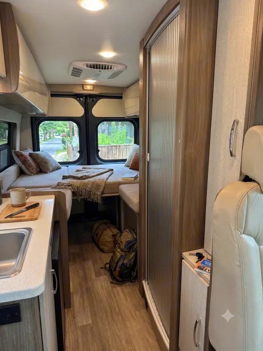 An inviting RV rental interior features a bed, compact kitchen with sink, and shower stall. Luggage rests on the wood floor.. Thor Tellaro 2024